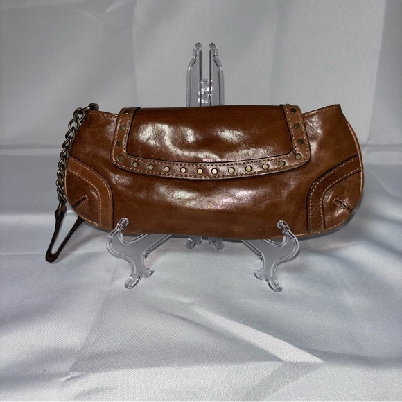 Vintage FOSSIL Brown Leather Studded Clutch Wristlet Bag - Picture 1 of 16